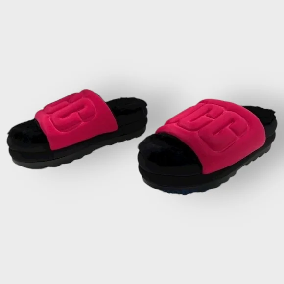 UGG Maxi Graphic RASPBERRY BLACK Platform Slide Sandals Puffy Furry NWOB / NWOT - Picture 3 of 12